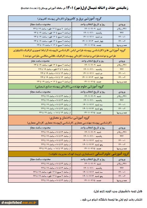 جدول زمانبندی حذف و اضافه ترم مهر 1401 2