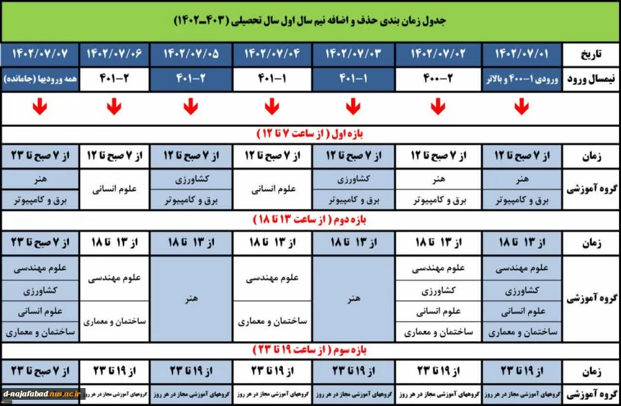 جدول زمانبندی حذف و اضافه نیمسال اول(مهر) 1402 2