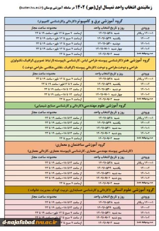 جدول زمانبندی انتخاب واحد مهر 1402