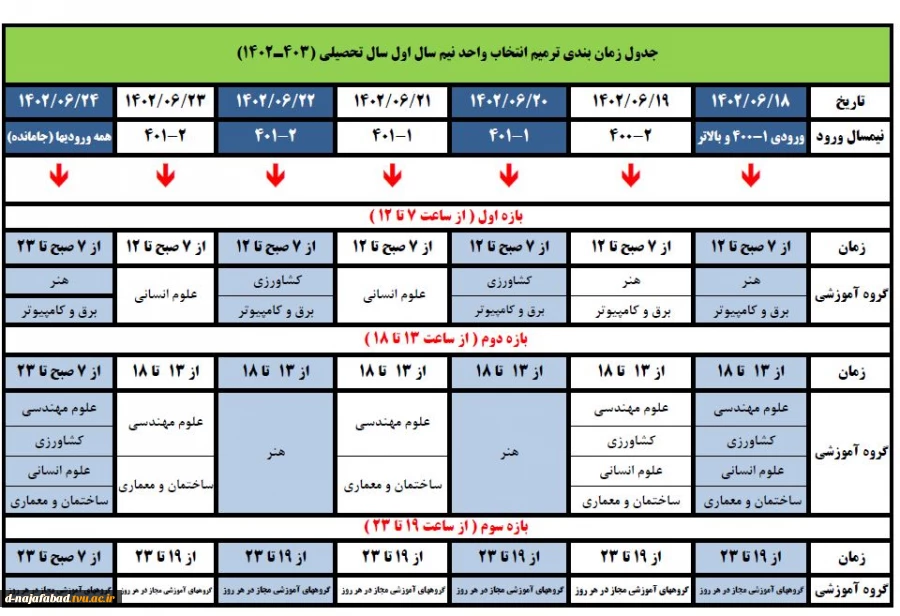 قابل توجه دانشجویان گرامی >>>>> اصلاحیه ی تقویم آموزشی سال تحصیلی 1403ـ1402 و جدول زمان-بندی ترمیم انتخاب واحد 2