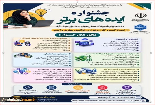 واحد پژوهش، کارآفرینی و ارتباط با صنعت آموزشکده ملی مهارت دختران نجف آباد به مناسبت هفته پژوهش 1405 برگزار می کند.